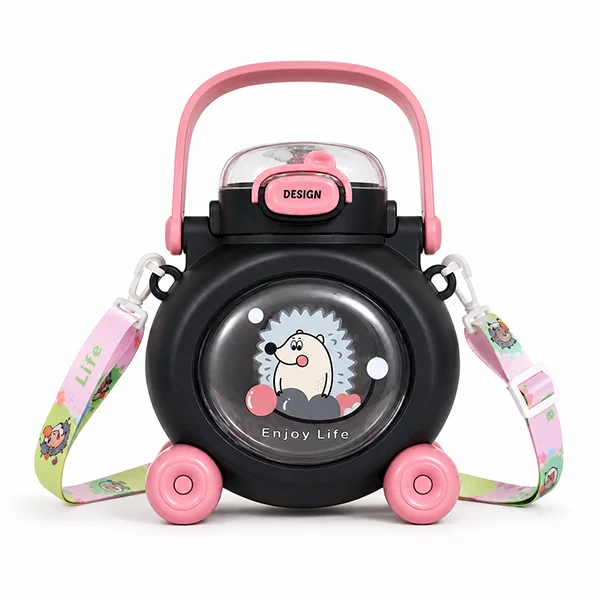 800ml Cute Hedgehog Cartoon Water Bottle with Wheels & Straw (24cm) – Portable Kids Hydration Canteen Bottle for School & Travel