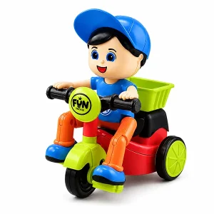 Interactive Stunt Tricycle Toy for Kids – Friction Powered Pedaling Boy Trike with Rear Basket for Toddlers