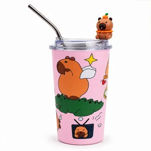 Cute Capybara Stainless Steel Tumbler Cup with Straw & 3D Figure Topper (15x9cm) – Double Wall Insulated Pink Cute Straw Cup with Gift Box