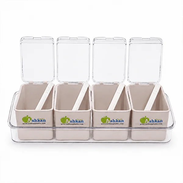 4 Pcs Spice Organizer Set with Tray & Transparent Lids – Food Grade BPA Free Plastic Seasoning Storage Jars for Kitchen (27 x 9 x 7 cm)