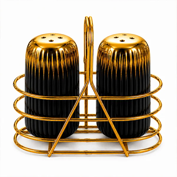 Luxury Glass Salt and Pepper Shaker Set with Gold Tops & Wire Stand – Modern Dining Table Seasoning Dispenser Set