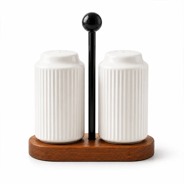 Premium Ribbed Ceramic Salt and Pepper Shakers Set with Wooden Stand & Handle – 2 Piece Modern Spice Dispenser for Kitchen & Dining