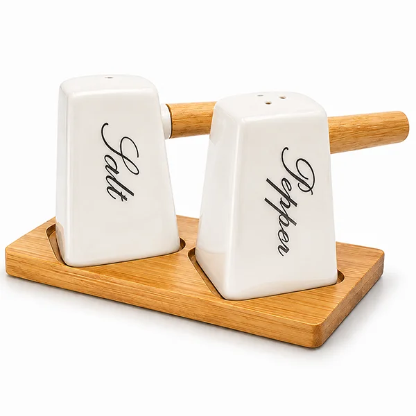 Ceramic Salt and Pepper Shakers Set with Wooden Handle & Bamboo Stand Base (8 cm)