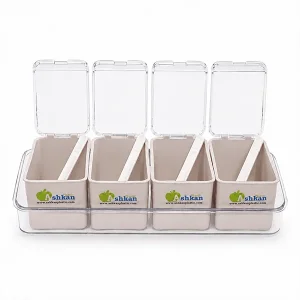 4 Pcs Spice Organizer Set with Tray & Transparent Lids – Food Grade BPA Free Plastic Seasoning Storage Jars for Kitchen (27 x 9 x 7 cm)