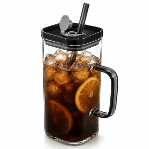 Aesthetic Square Glass Cup with Colourful Handle & Straw | Dual Drinking Leakproof Lid for Fresh Juice, Cold Coffee, Drinks & Water Mug