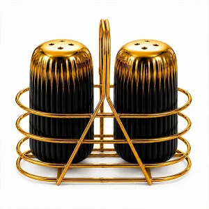 Luxury Glass Salt and Pepper Shaker Set with Gold Tops & Wire Stand – Modern Dining Table Seasoning Dispenser Set