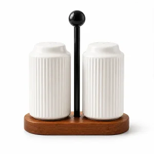 Premium Ribbed Ceramic Salt and Pepper Shakers Set with Wooden Stand & Handle – 2 Piece Modern Spice Dispenser for Kitchen & Dining
