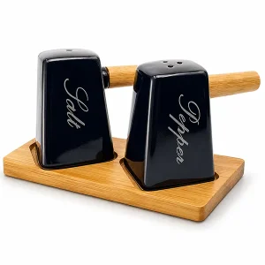 Ceramic Salt and Pepper Shakers Set with Wooden Handle & Bamboo Stand Base (8 cm)