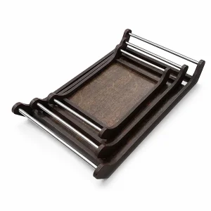 3 Piece Wooden Serving Tray Set with Metal Handles - Antique Texture Nesting Trays for Kitchen & Dining (18.5 x 12 Inch)