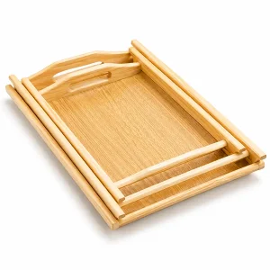 3 Piece Wooden Serving Tray Set with Cutout Handles - Nesting Wooden Trays for Kitchen, Tea & Dining (19 x 13 Inches)