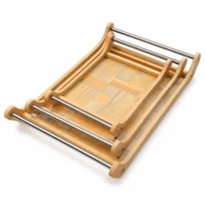 Premium Wooden Nesting Tray Set of 3 with Metal Stainless Handles – Decorative Wooden Serving Trays for Kitchen, Tea & Dining (Large 18.5" x 12")
